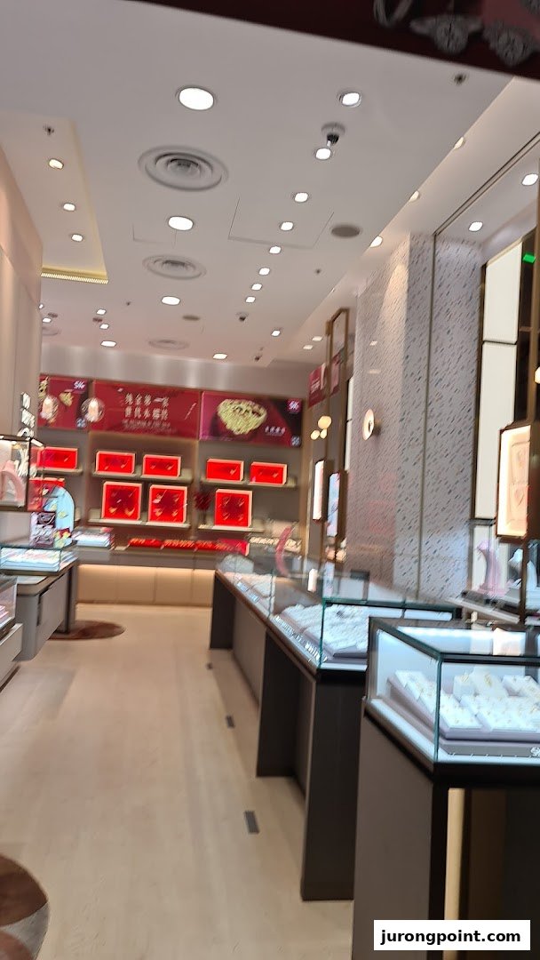 Interior view of SK Jewellery showcasing display cases filled with various jewellery items.
