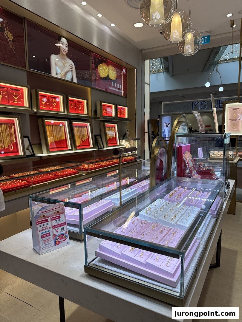 Interior view of SK Jewellery, showcasing a wide array of gold and diamond jewelry in elegant displays.