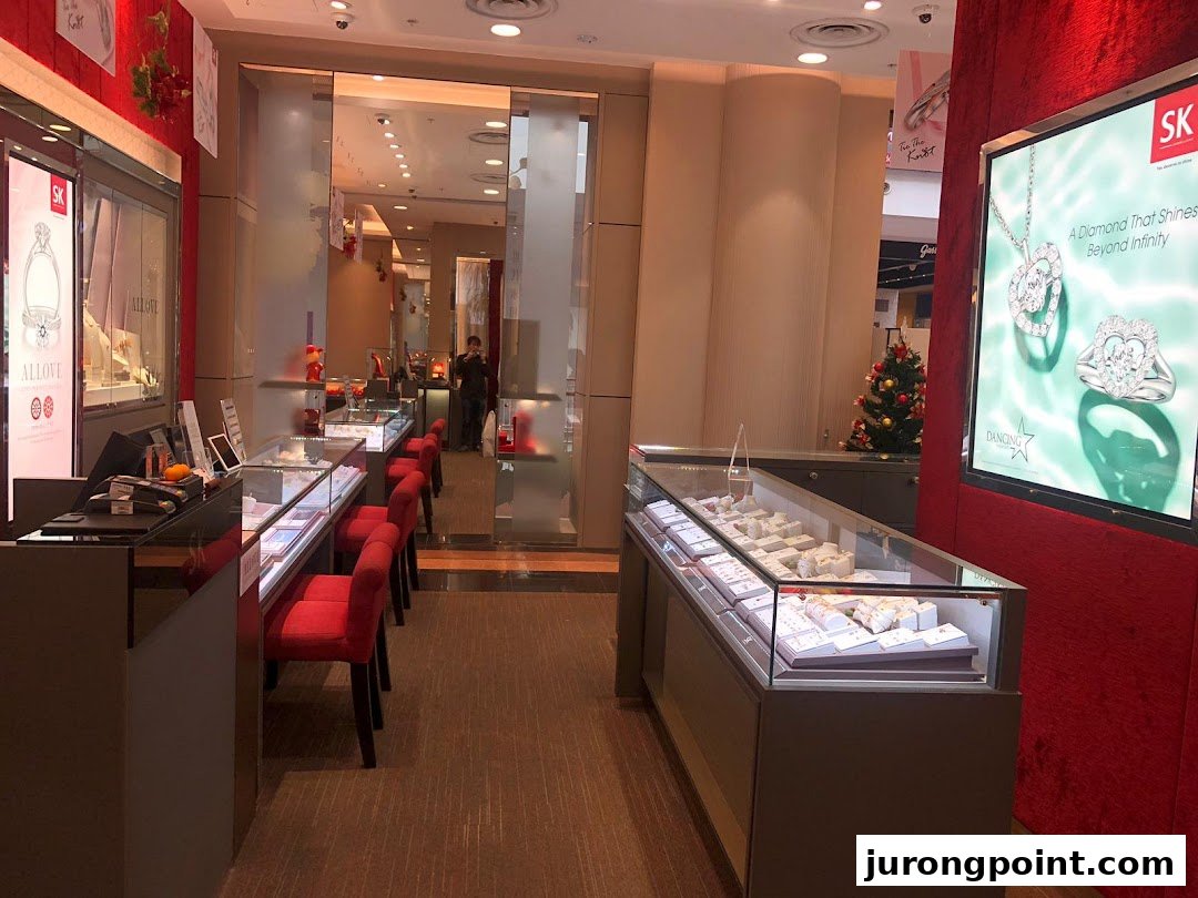 Interior view of SK Jewellery showcasing display cases, red seating, and a promotional screen.