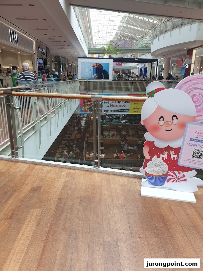 Interior view of a bustling multi-level shopping mall with various shops and a festive standee.