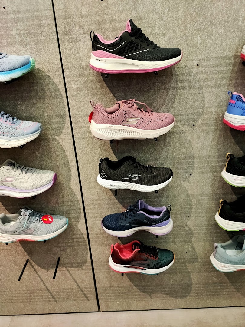 A vibrant display of Skechers athletic shoes in various colors and styles on a textured wall.