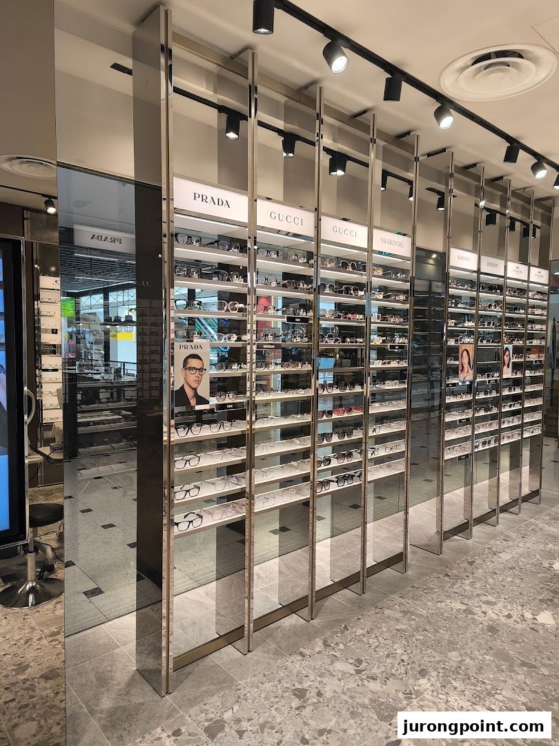 Interior view of Spectacle Hut showcasing rows of designer eyeglasses and sunglasses on display shelves.