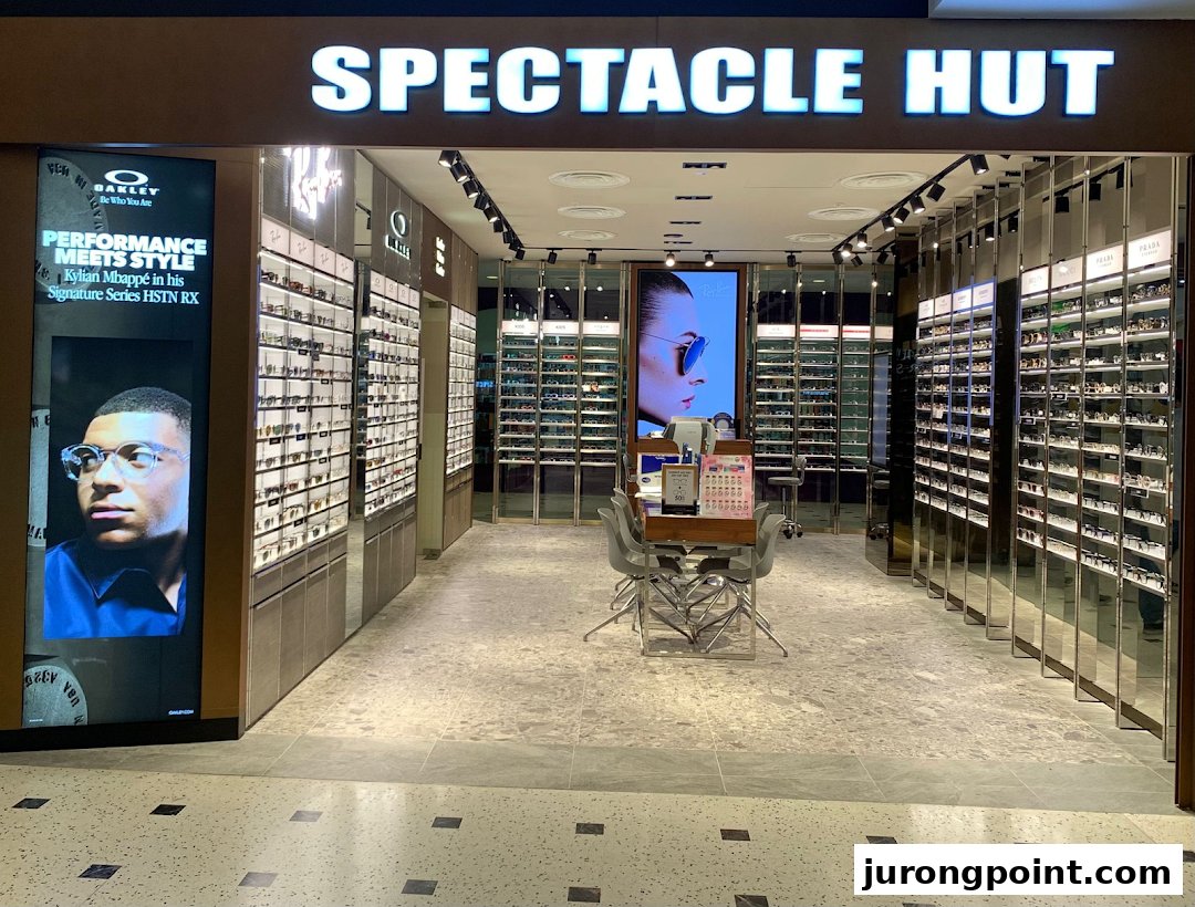 Brightly lit Spectacle Hut entrance showcasing numerous eyewear displays and promotional screens.