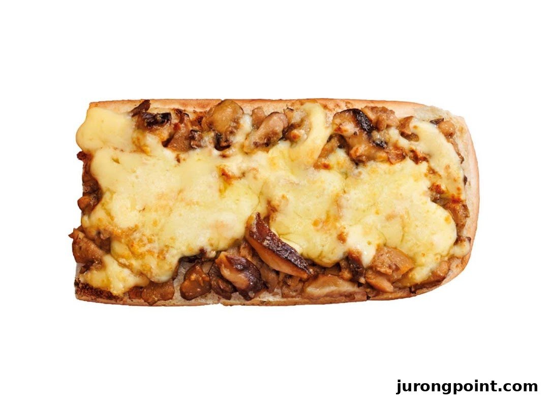 A close-up of a toasted Subway sandwich with melted cheese and savory fillings.