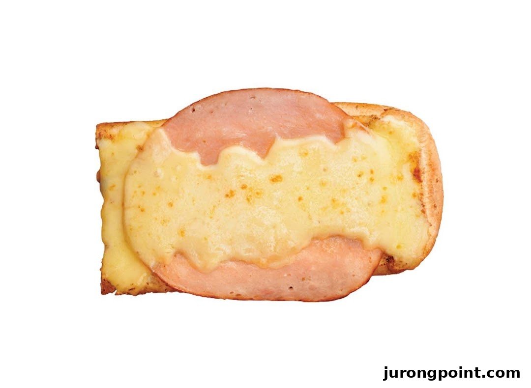 A close-up of a toasted sandwich or flatbread topped with ham and melted cheese.