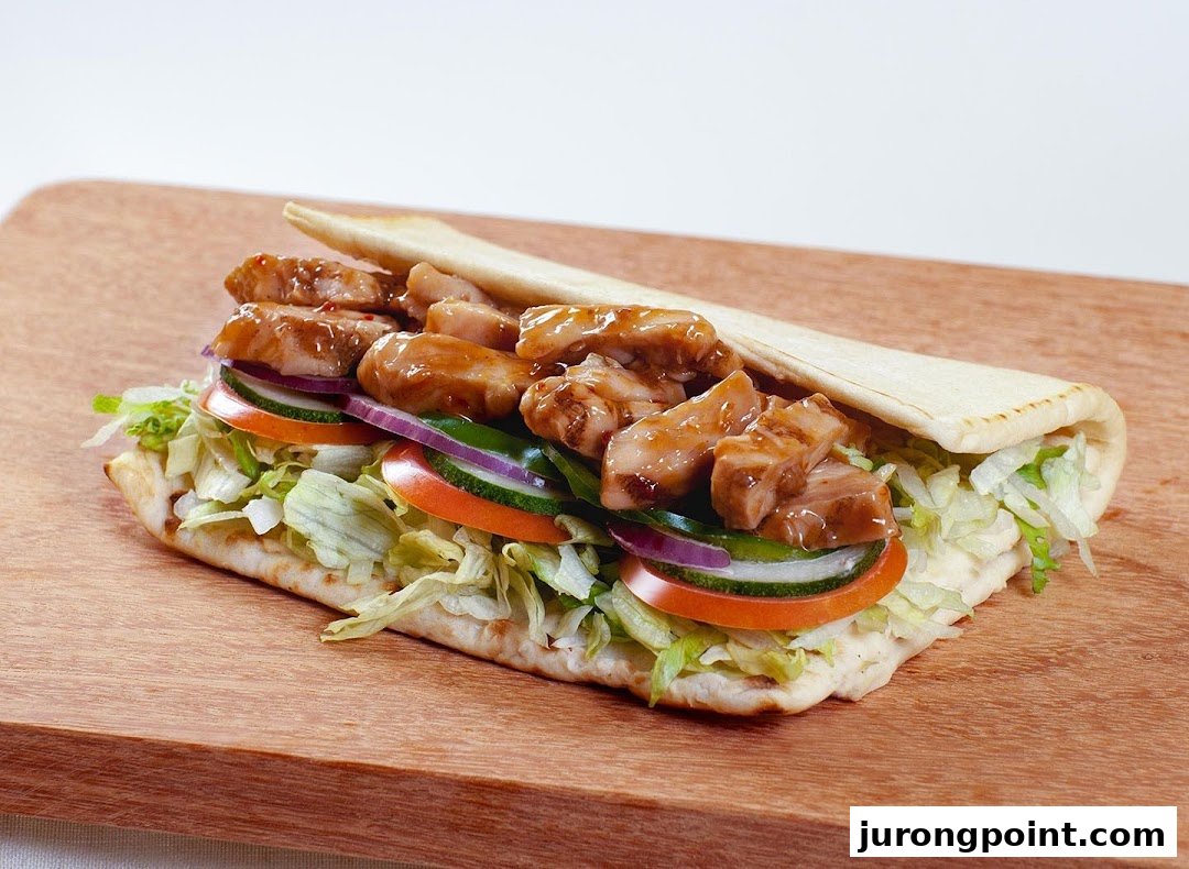 A delicious Subway flatbread sandwich filled with chicken, fresh vegetables, and sauce on a wooden board.