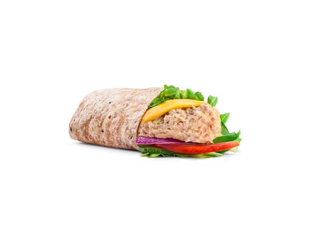 A delicious Subway wrap filled with tuna, cheese, fresh lettuce, red onion, and tomato.