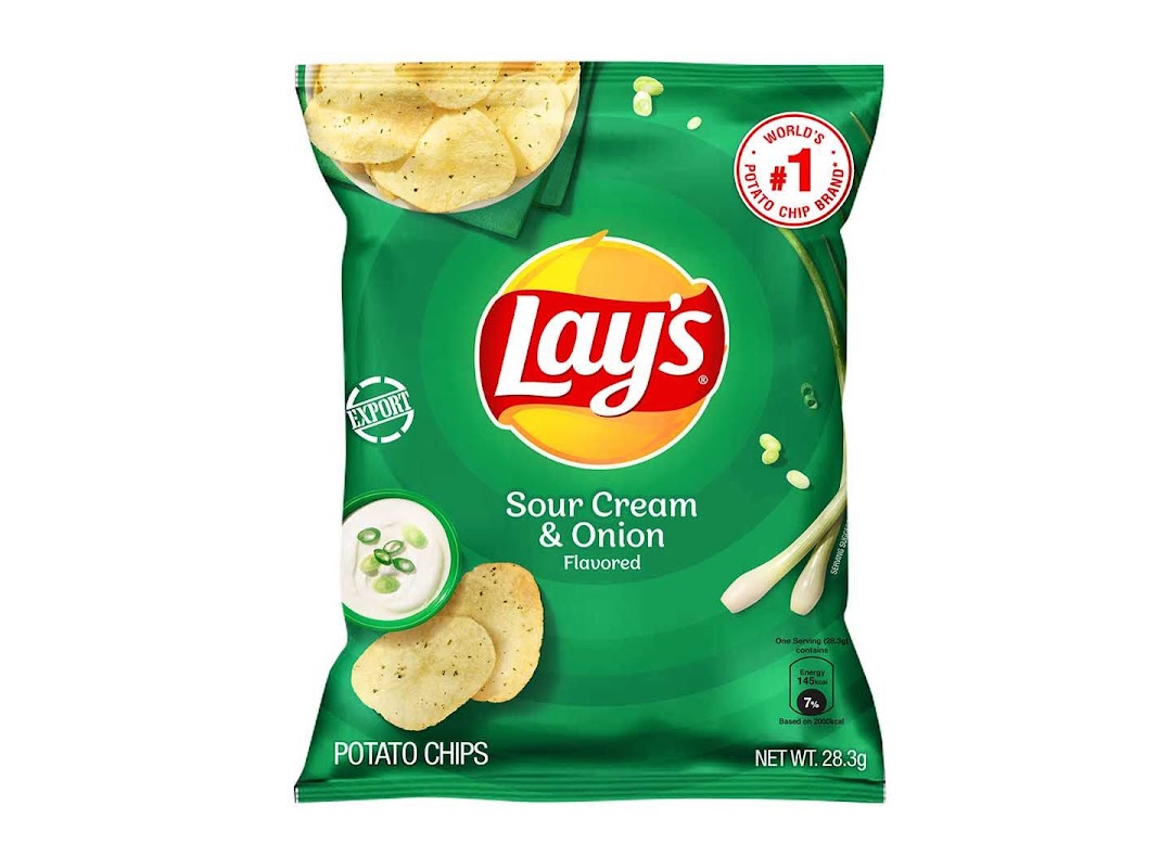 A vibrant green bag of Lay's Sour Cream & Onion potato chips is displayed.