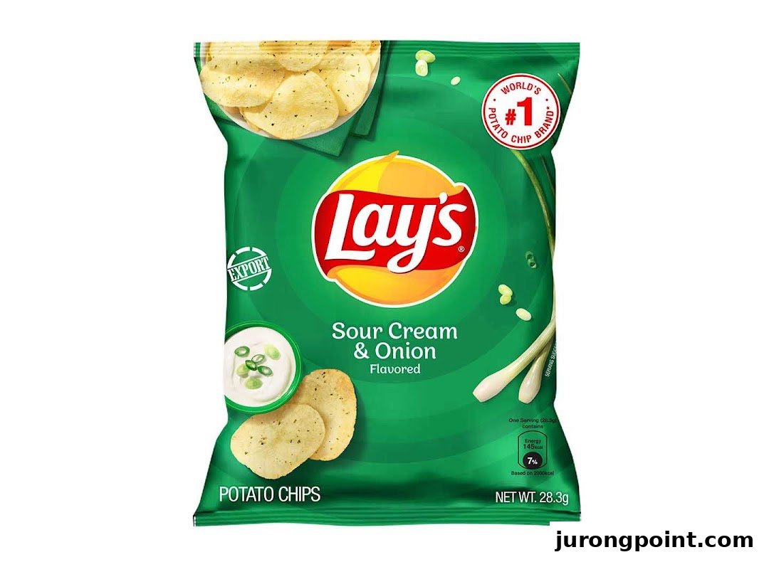 A vibrant green bag of Lay's Sour Cream & Onion potato chips is displayed.