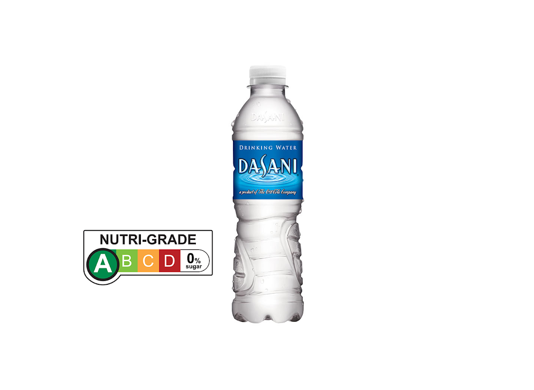 A Dasani drinking water bottle is shown with a Nutri-Grade A label.