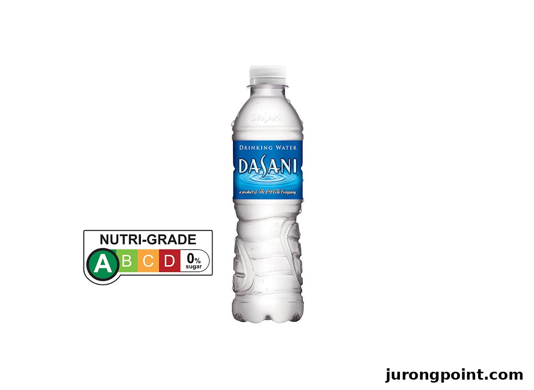 A Dasani drinking water bottle is shown with a Nutri-Grade A label.