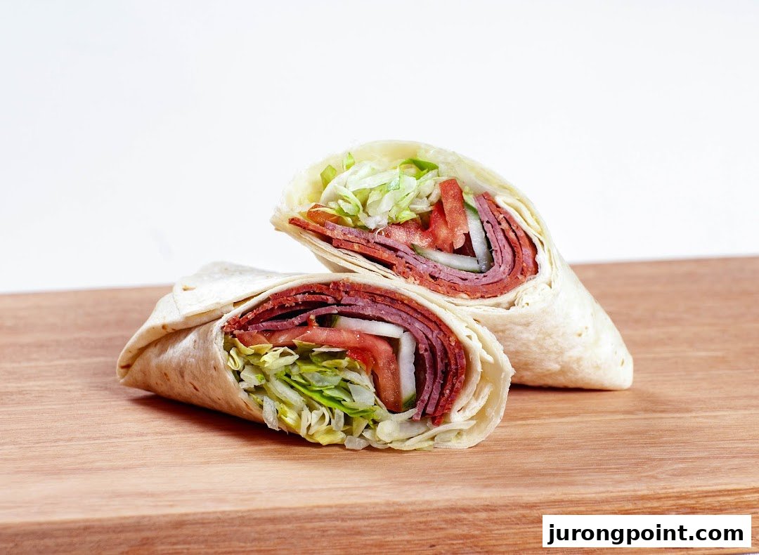 Two delicious wraps filled with sliced meat, fresh lettuce, tomatoes, and onions on a wooden board.