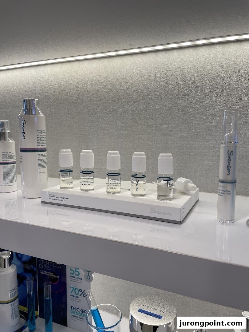 A display of Svenson hair loss and scalp treatment products on a white shelf.