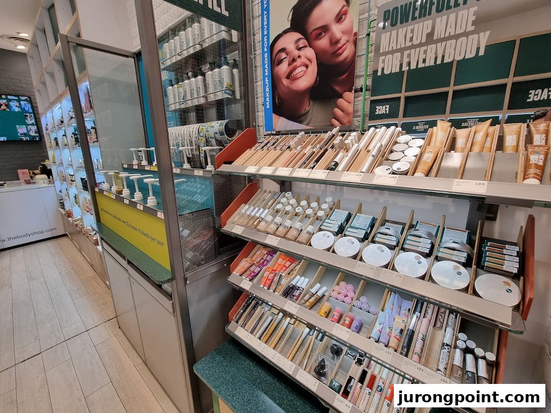 An interior view of The Body Shop, showcasing makeup, skincare products, and a 'Makeup Made for Everybody' display.