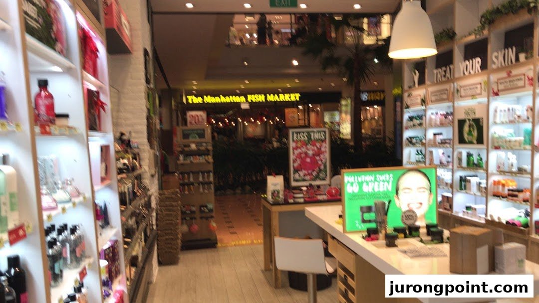 Interior view of The Body Shop, showcasing shelves filled with beauty products and a central display.