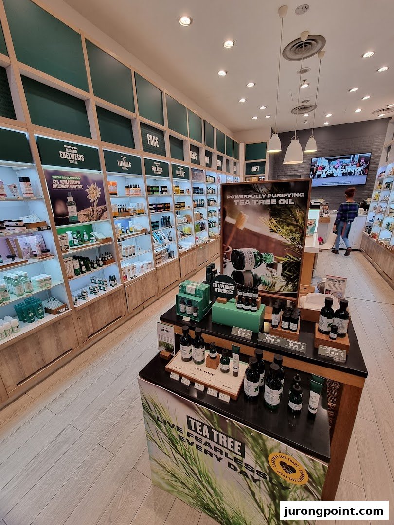 An interior view of The Body Shop, showcasing skincare products on well-lit shelves and a prominent Tea Tree Oil display.
