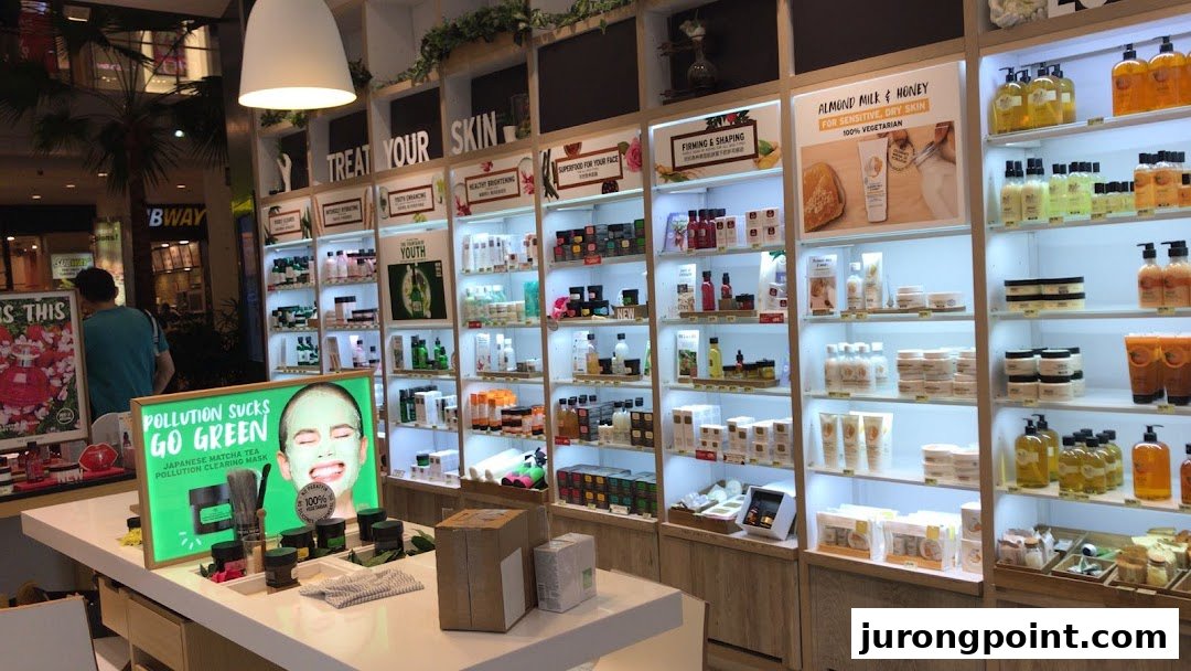 Interior view of The Body Shop, showcasing various skincare and beauty products on brightly lit shelves.