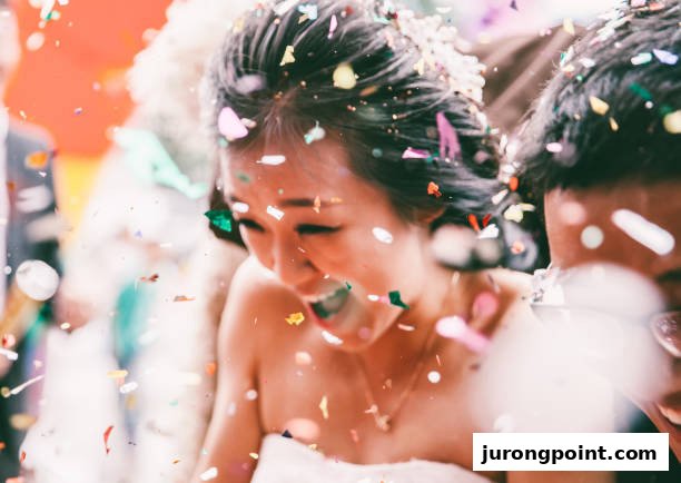 A joyful bride smiles amidst colorful confetti, celebrating a special wedding moment.