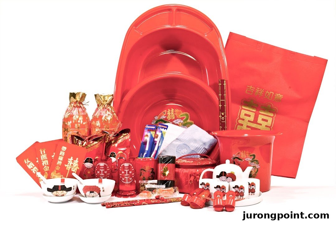 A vibrant collection of red-themed traditional Chinese wedding items, including tea sets, basins, and decor.