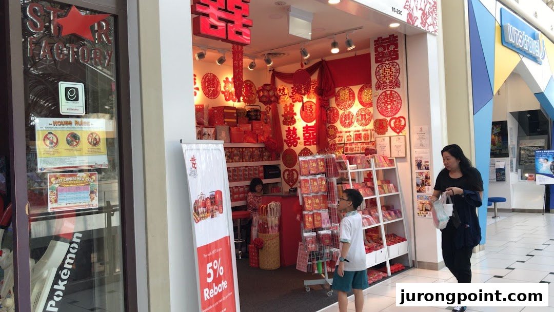 Vibrant red storefront of The Chinese Wedding Shop, showcasing traditional wedding decorations and gifts.