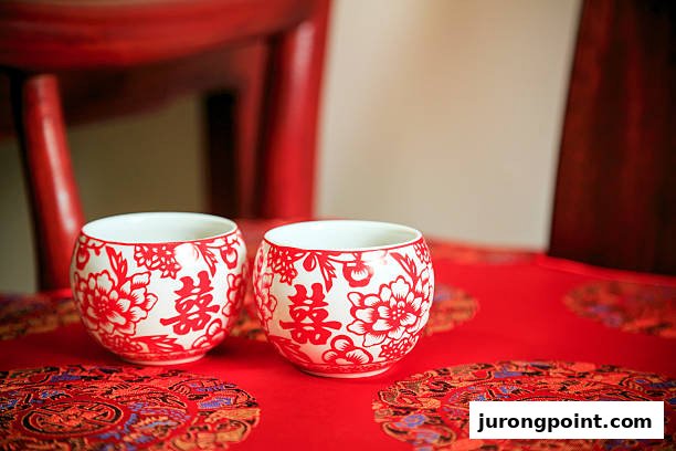 Two traditional Chinese wedding tea cups with "double happiness" characters on a red patterned cloth.