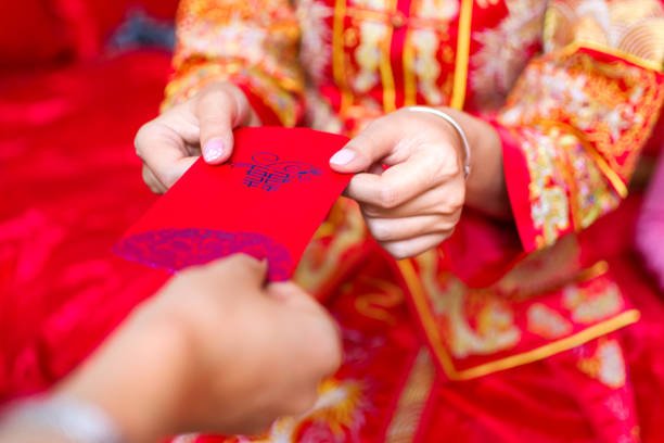 Hands exchanging a red envelope with 'double happiness' symbol, person in traditional Chinese wedding attire.