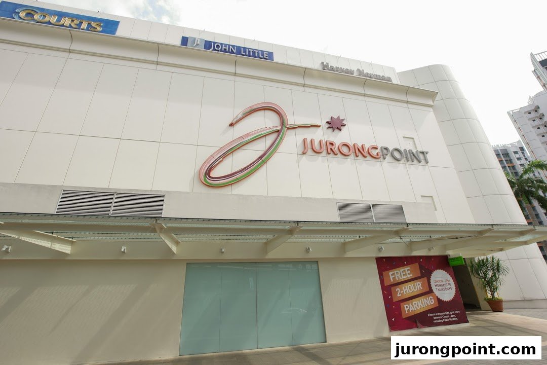 The exterior facade of Jurong Point shopping mall, featuring its prominent logo and signage.