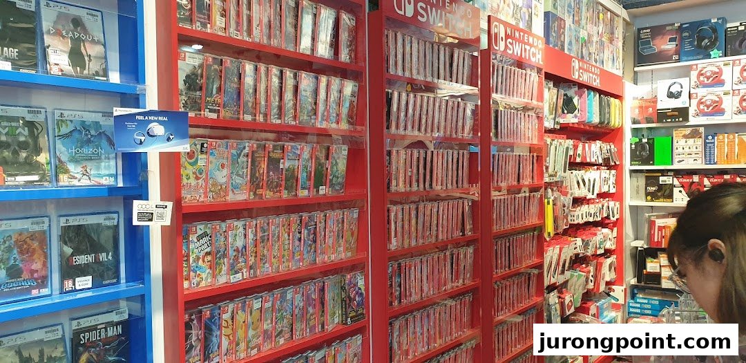 Interior view of a game store, showcasing shelves packed with PS5 and Nintendo Switch games and accessories.