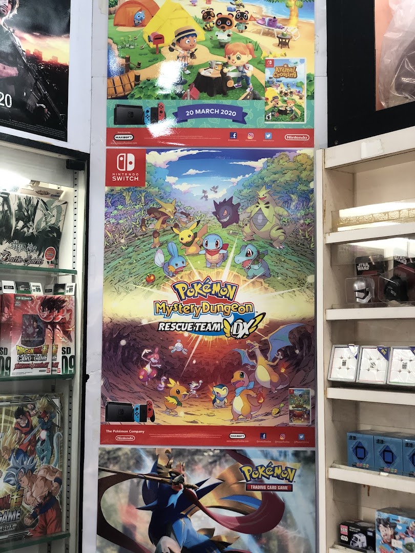 Vibrant posters for popular games like Animal Crossing and Pokémon adorn the walls of this lively toy and game shop.
