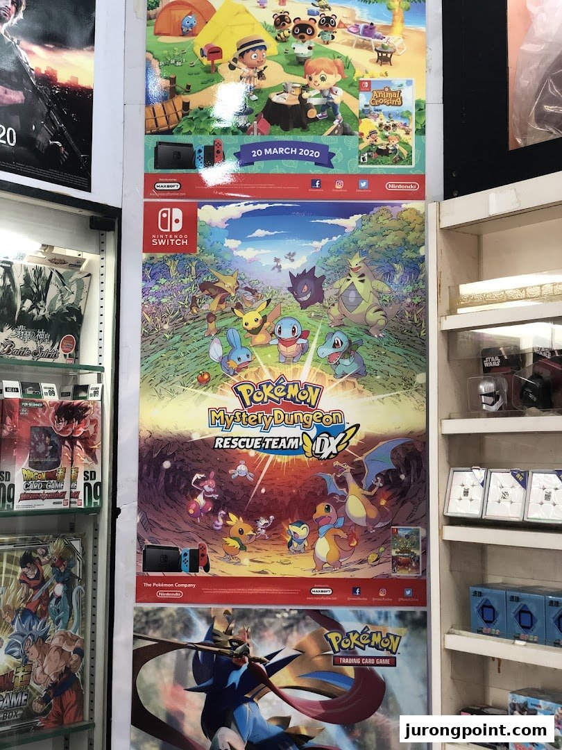 Vibrant posters for popular games like Animal Crossing and Pokémon adorn the walls of this lively toy and game shop.