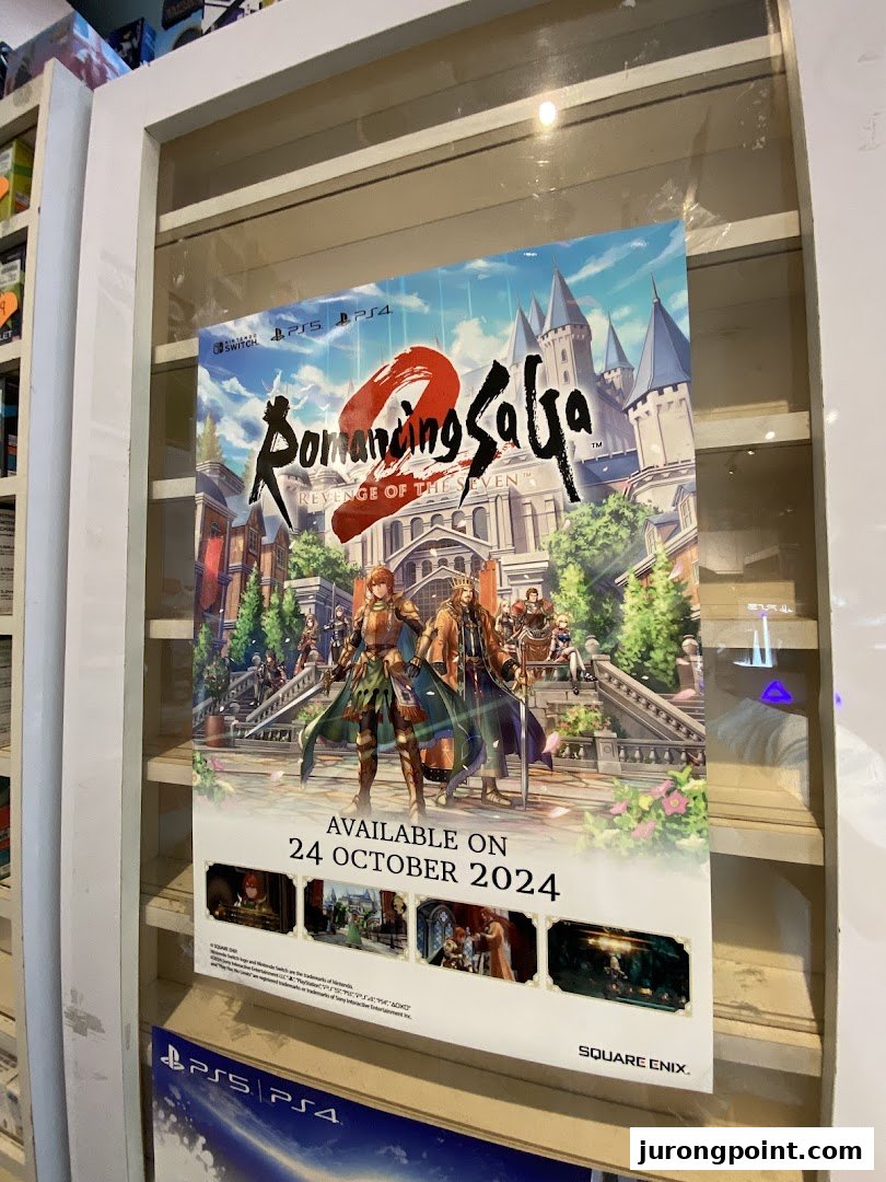 A poster for the video game 'Romancing SaGa 2: Revenge of the Seven' displayed in a shop.