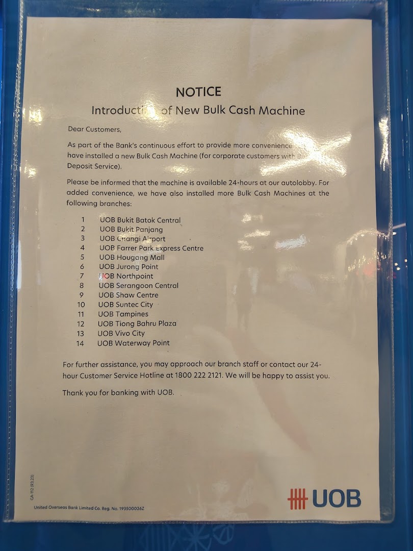 UOB notice detailing new bulk cash machine availability and branch locations.