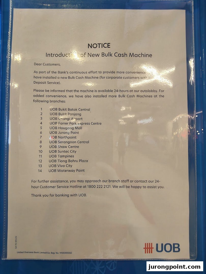 UOB notice detailing new bulk cash machine availability and branch locations.
