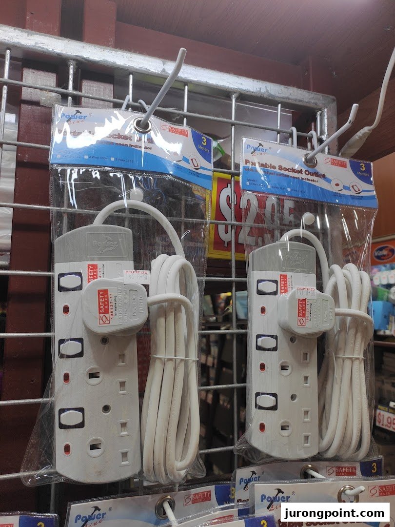 Close-up view of portable socket outlets (power strips) displayed for sale in Valu.