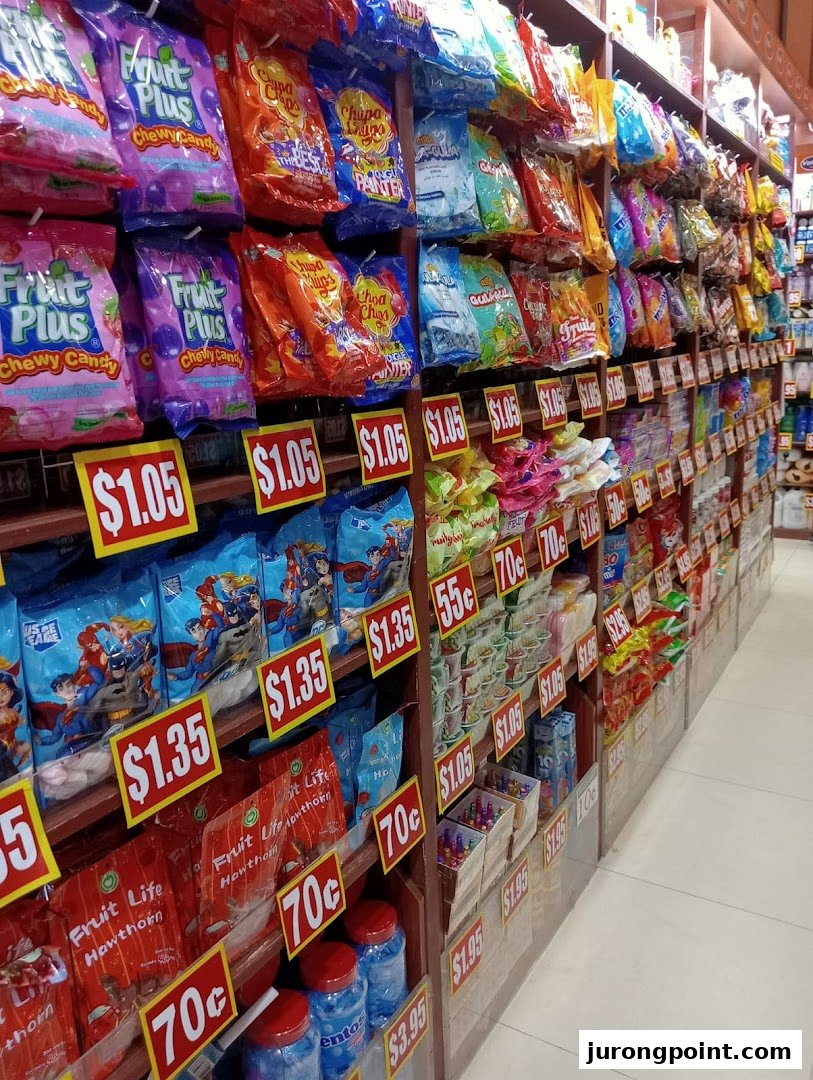 Shelves brimming with colorful candies and snacks, each with clear price tags, in a retail store.