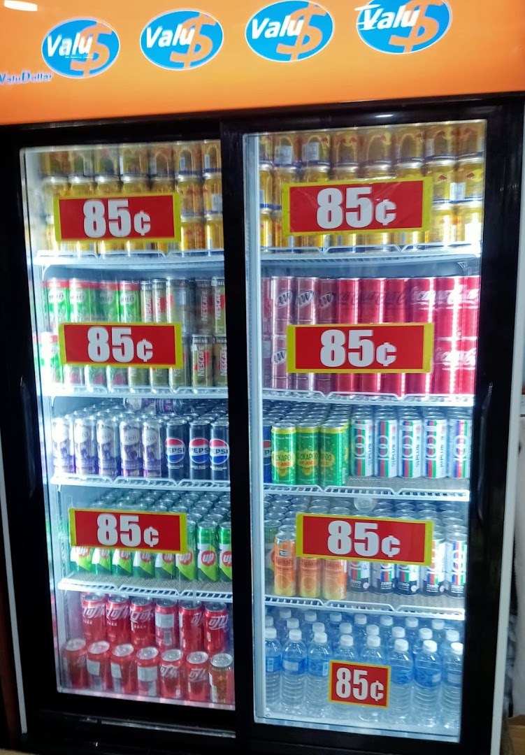 A refrigerated display case filled with various beverages, prominently priced at 85 cents.
