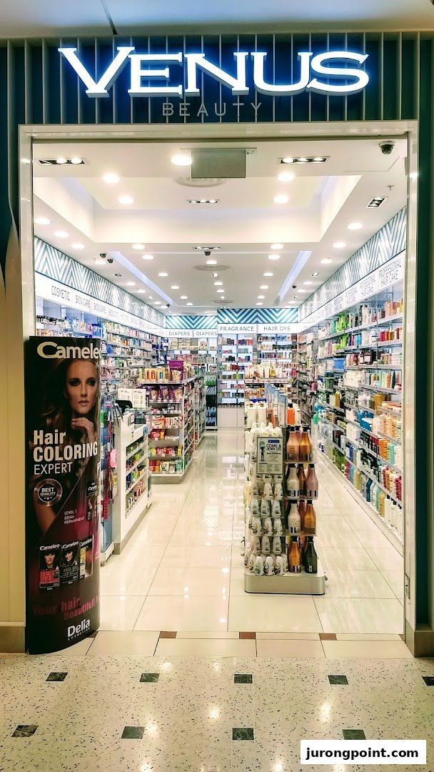 The brightly lit entrance of Venus Beauty, showcasing a wide range of cosmetic and hair care products.