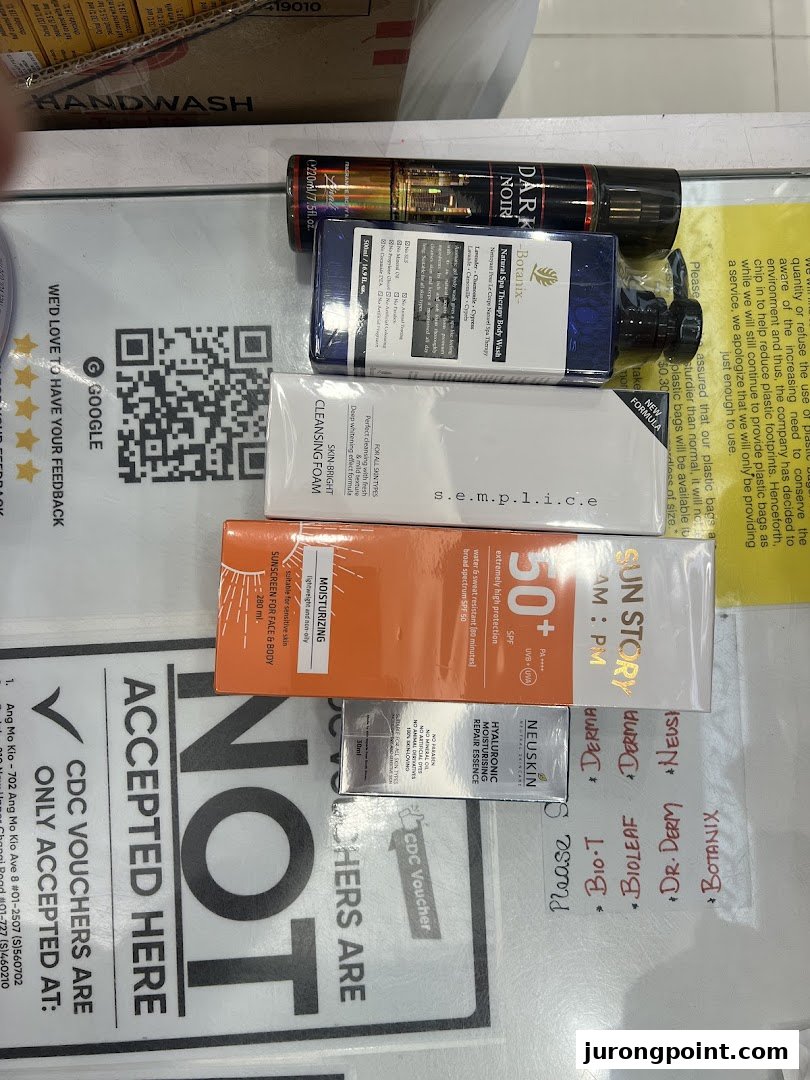 A close-up of various skincare and beauty products, including cleansers, body wash, and sunscreen, displayed on a counter.