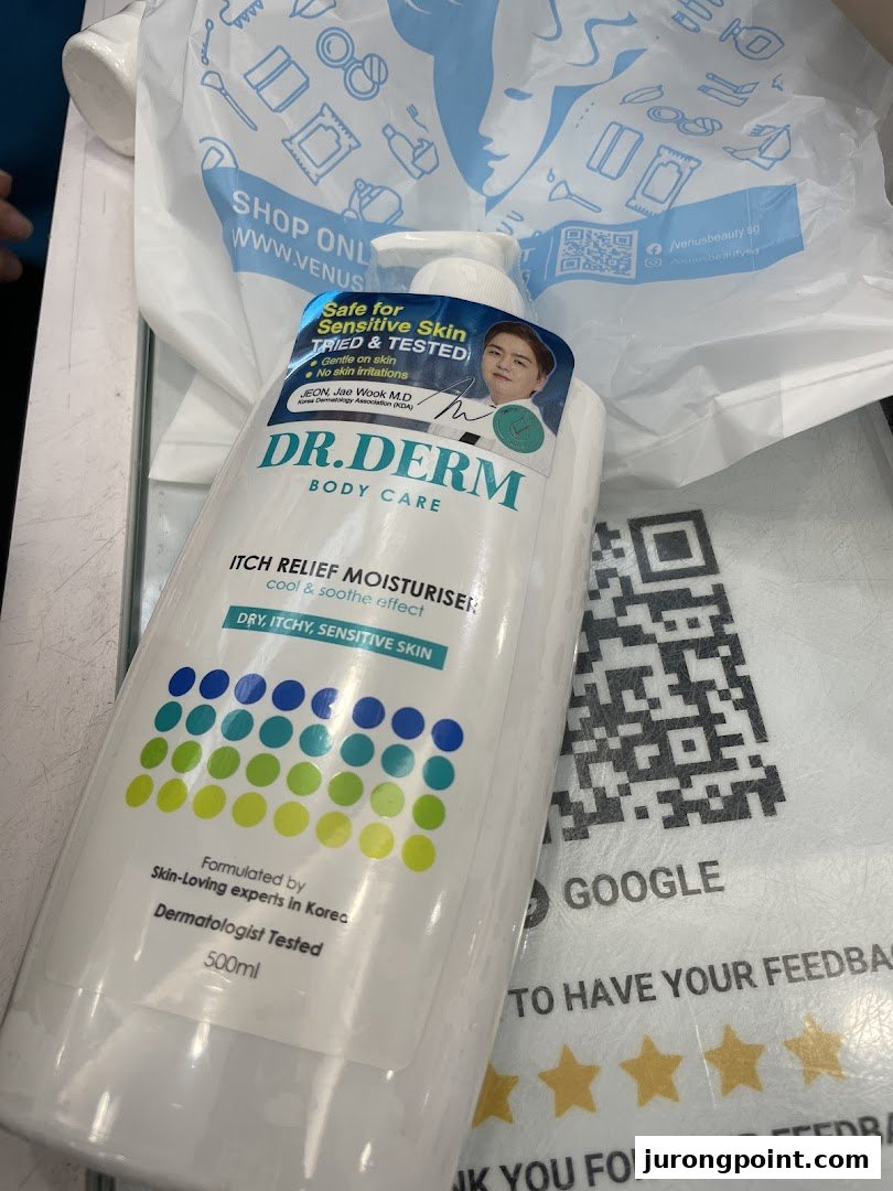 A Dr. Derm Itch Relief Moisturiser bottle next to a Venus Beauty shopping bag and feedback QR code.