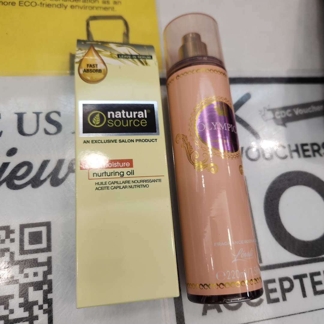 Close-up of two beauty products: Natural Source Nurturing Oil and an Olympic fragrance body spray.