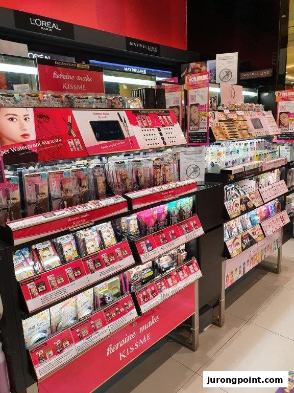 An in-store display featuring makeup products from L'Oréal, Maybelline, and Heroine Make at Watsons.
