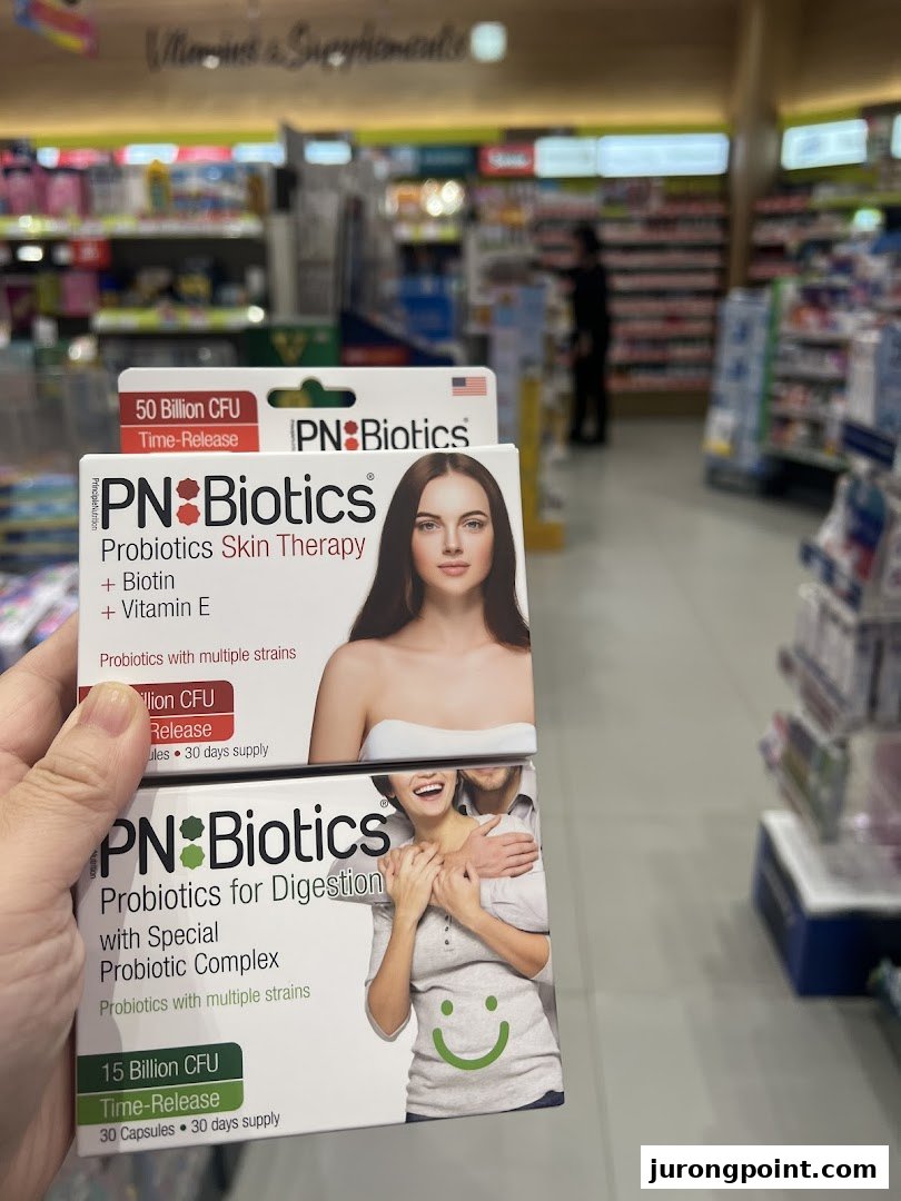 Hand holding two PN Biotics probiotic boxes inside a Watsons pharmacy.