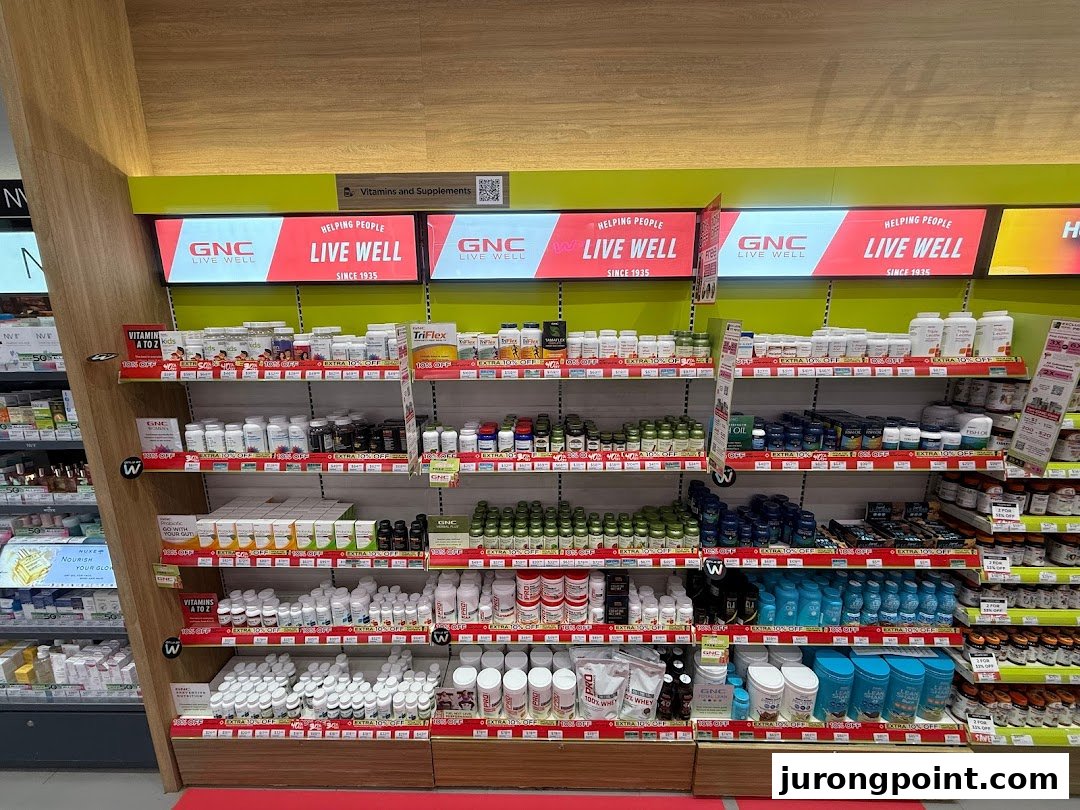 Shelves at Watsons Singapore Pharmacy displaying a wide range of GNC vitamins and health supplements.