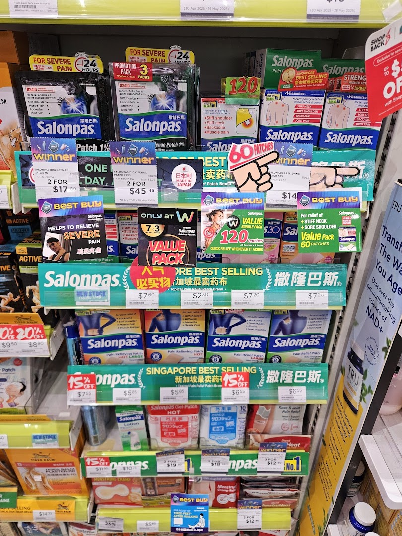 A retail display shelf showcasing a variety of Salonpas pain relief patches and related products inside a pharmacy.