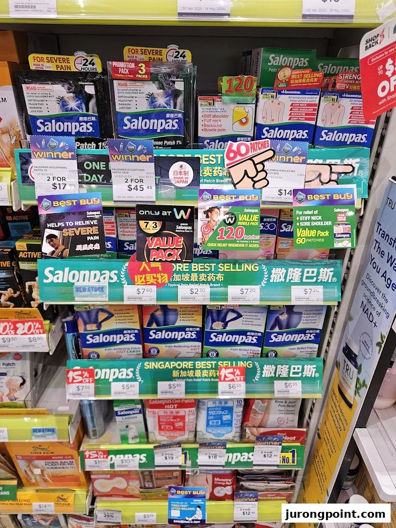 A retail display shelf showcasing a variety of Salonpas pain relief patches and related products inside a pharmacy.