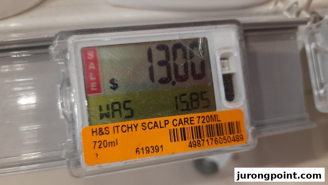 A close-up of a digital price tag showing a sale price for H&S Itchy Scalp Care 720ml.