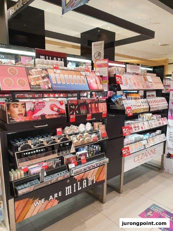 Interior view of a Watsons store showcasing Milani and Cezanne makeup displays with various beauty products.