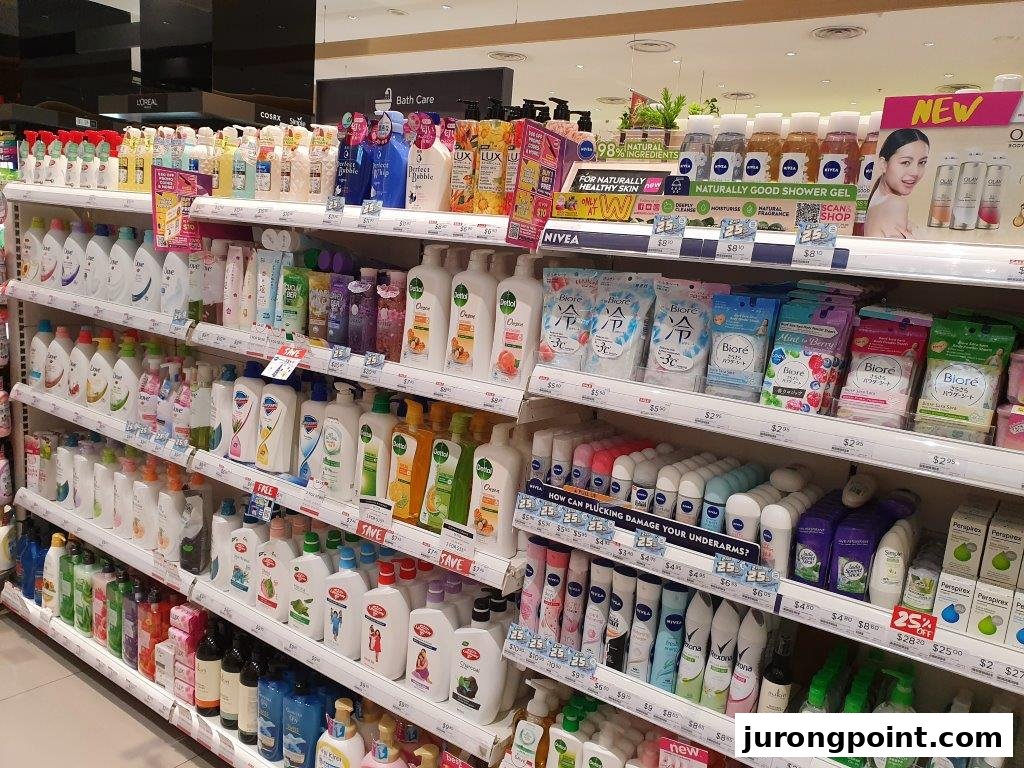Shelves stocked with a wide variety of personal care products, including shampoos, body washes, and deodorants.