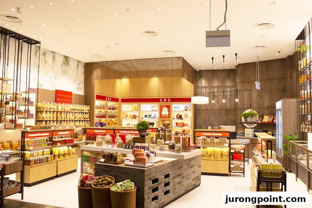 A brightly lit interior of Wing Joo Loong, showcasing traditional remedies, dried goods, and health products.