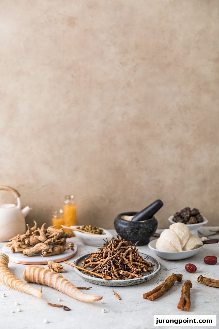 An assortment of traditional Chinese medicinal ingredients, including ginseng, cordyceps, and bird's nest, arranged on a table.